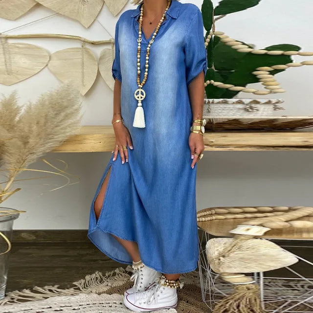 Lea | Robe longue effet jean avec fente sur le côté