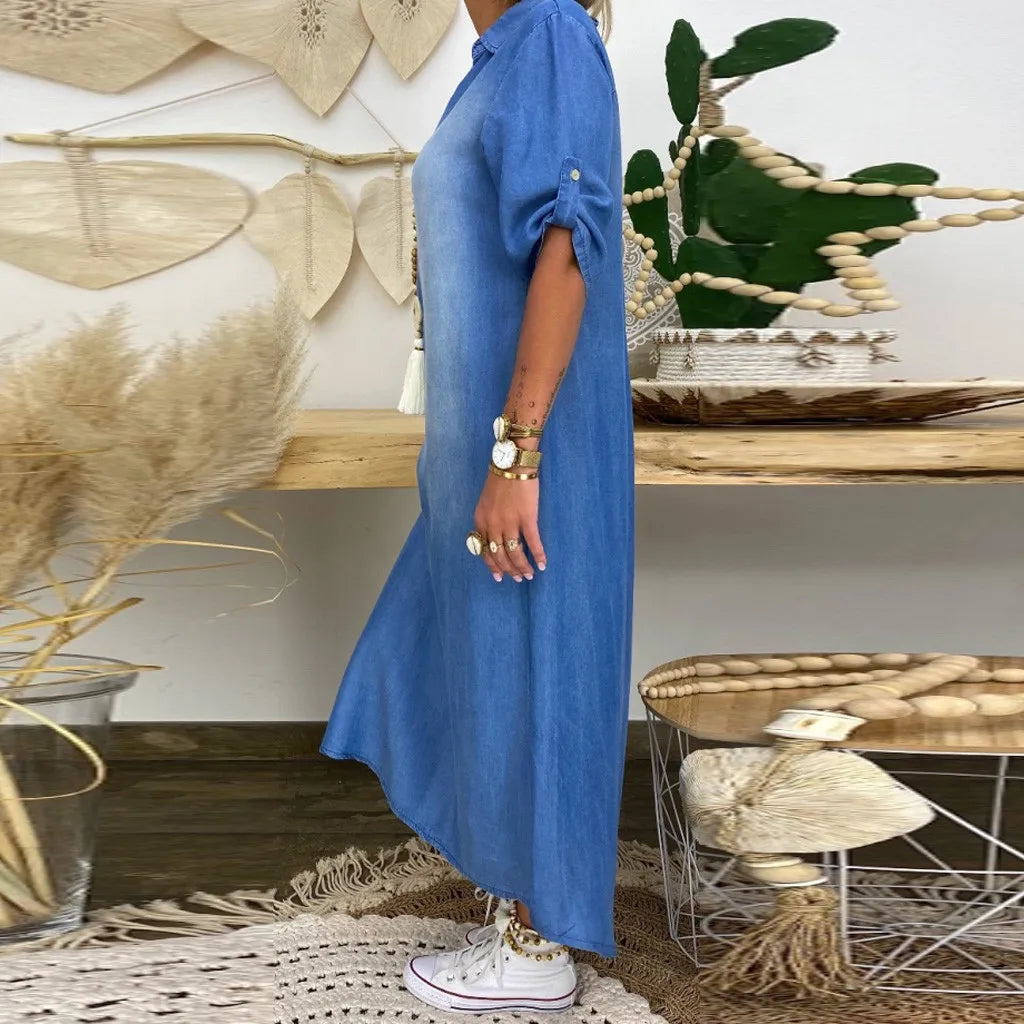 Lea | Robe longue effet jean avec fente sur le côté