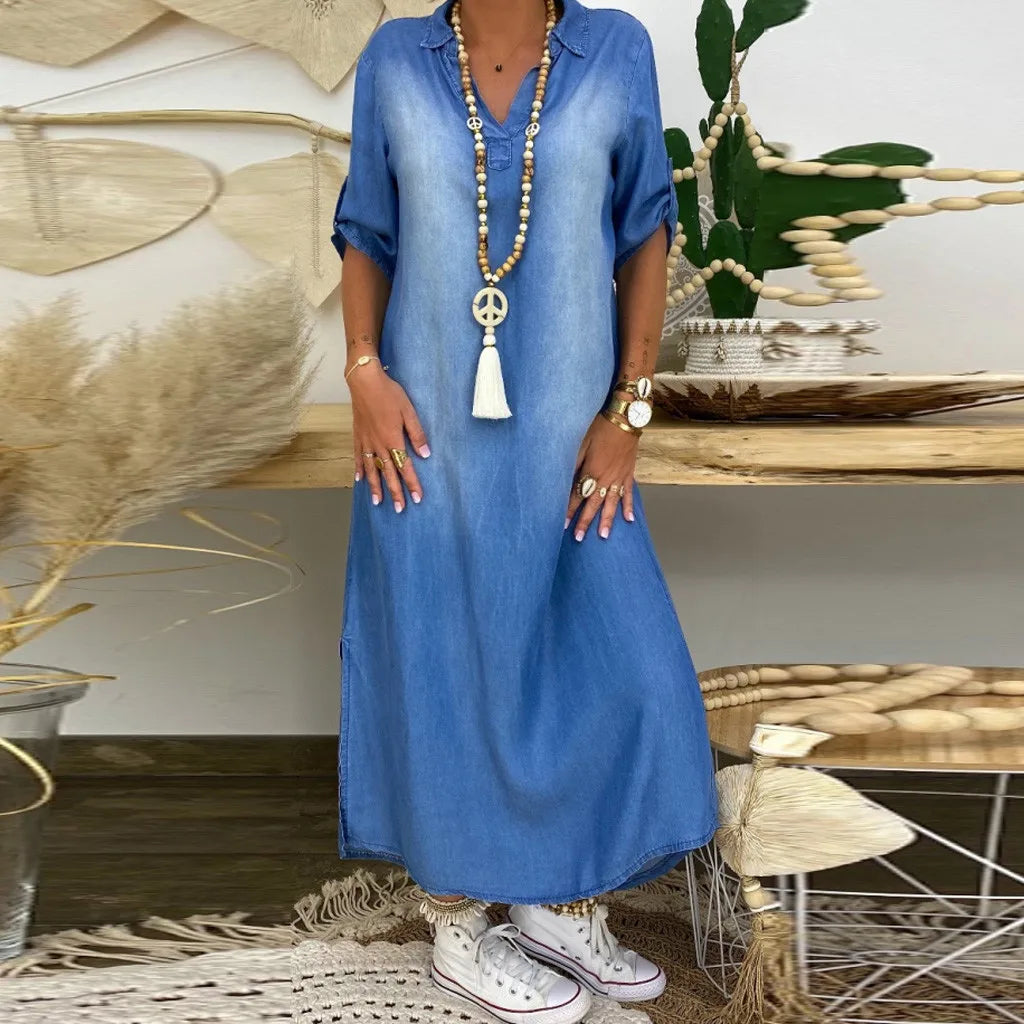 Lea | Robe longue effet jean avec fente sur le côté