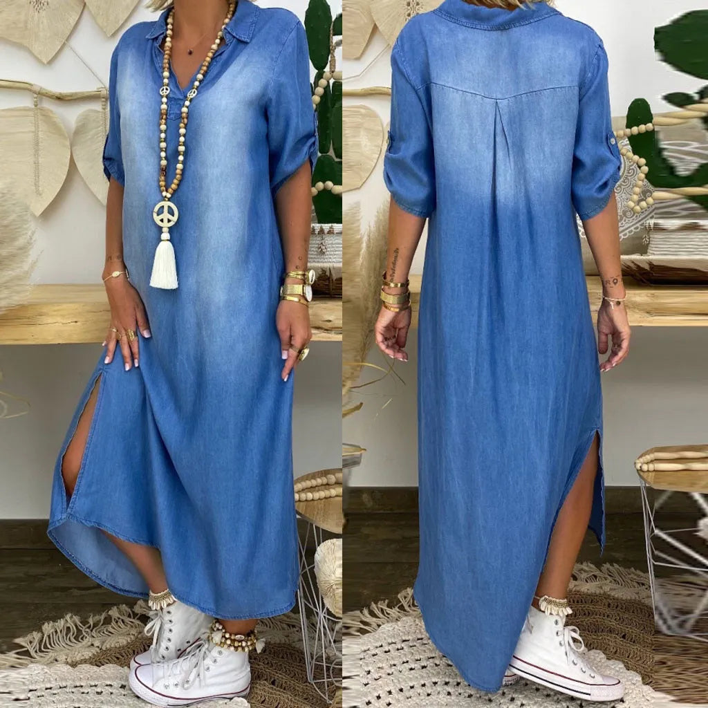 Lea | Robe longue effet jean avec fente sur le côté