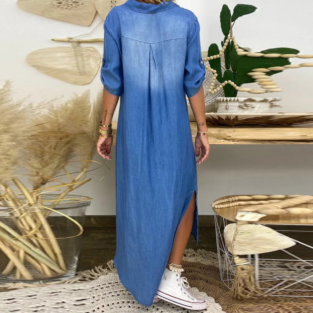 Lea | Robe longue effet jean avec fente sur le côté