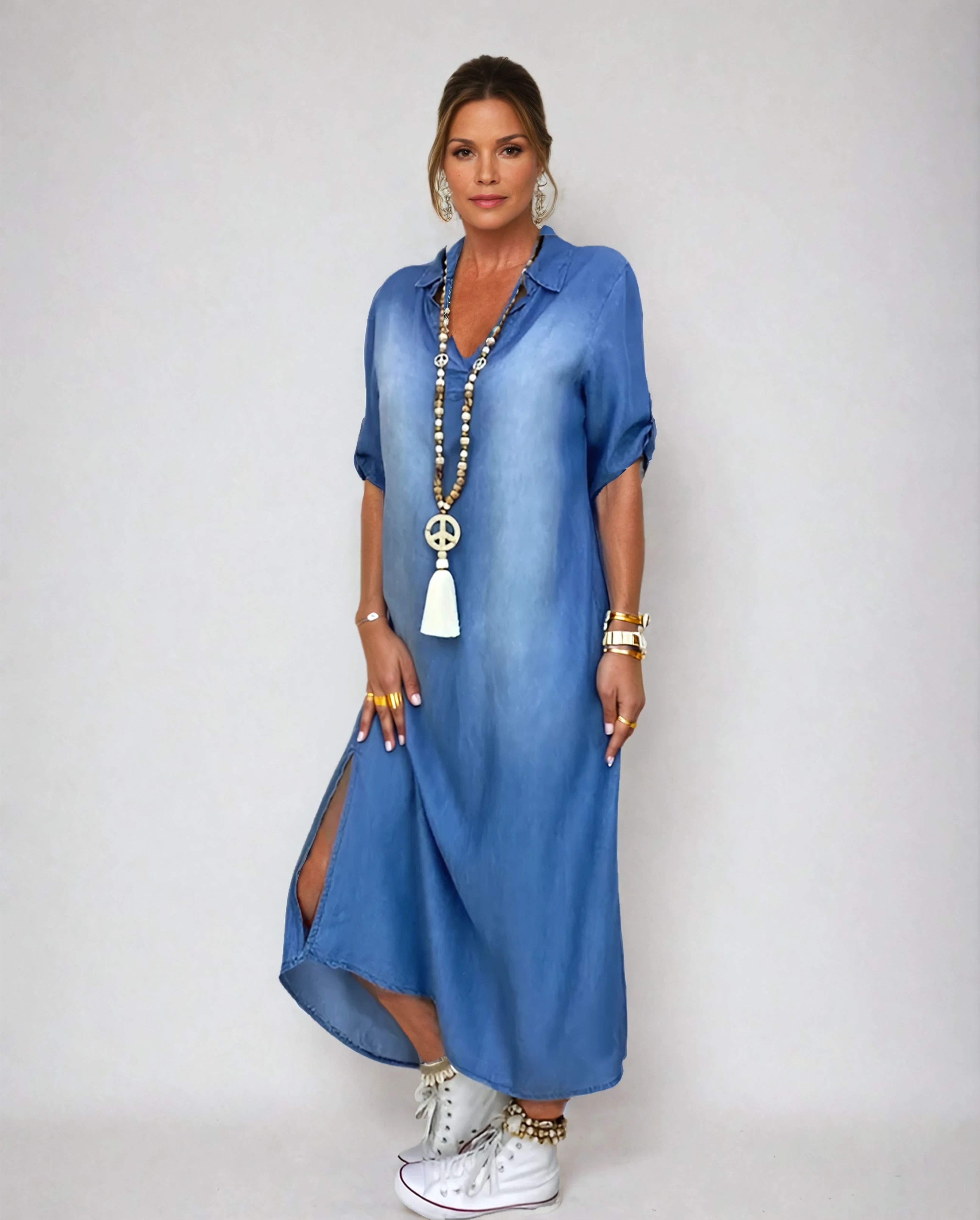 Lea | Robe longue effet jean avec fente sur le côté
