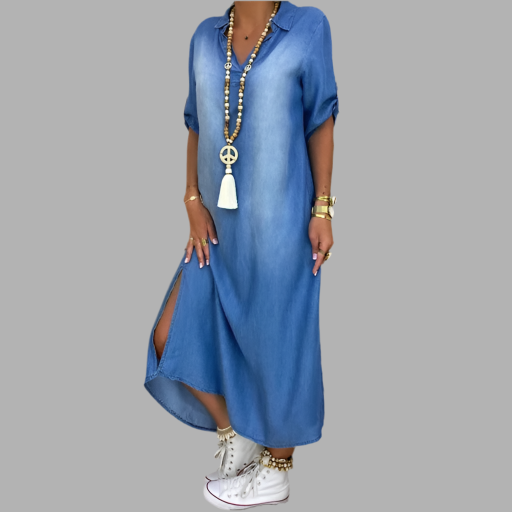Lea | Robe longue effet jean avec fente sur le côté